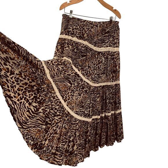 ZOE D. Skirt Maxi Leopard Lace Tiered Elastic Waist Metallic Thread Prairie - Picture 3 of 14